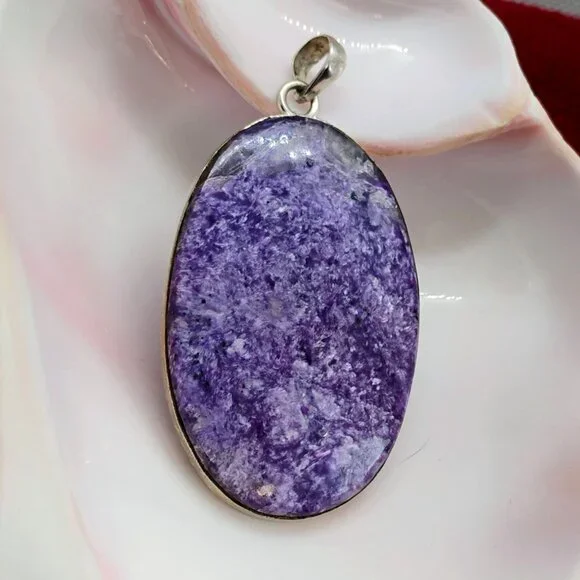 Huge Purple Charoite Sterling Silver Pendant Oval Slab 3" Long 26.4g - Picture 1 of 9